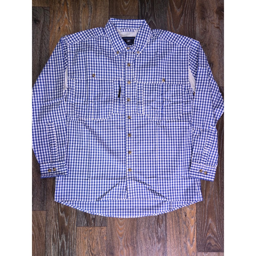 Turnrows Mens Medium Farming Fishing Button Down Shirt Royal White Gingham